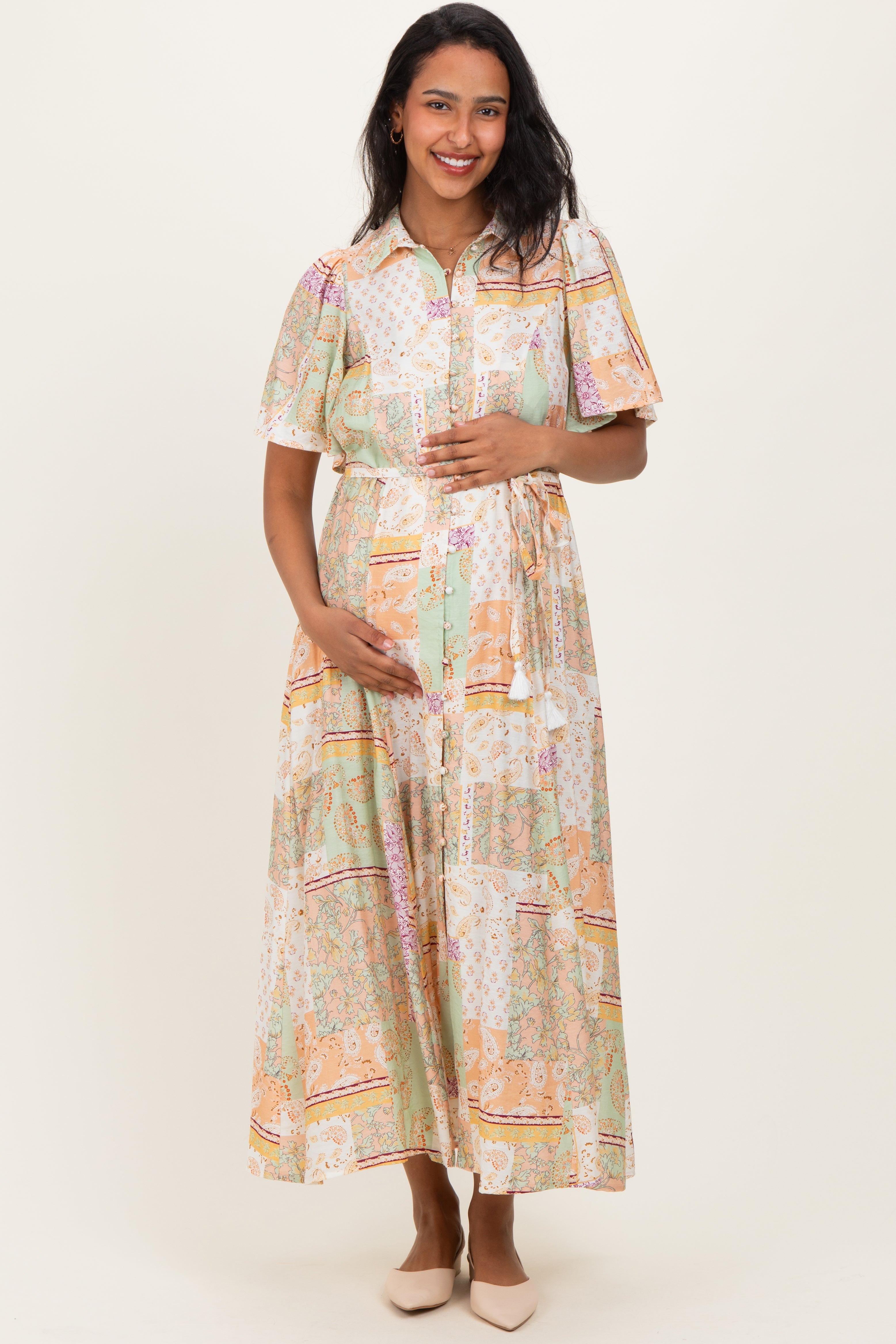 Umstandsmaxikleid mit Patchwork-Print und Knopfleiste in Multicolor