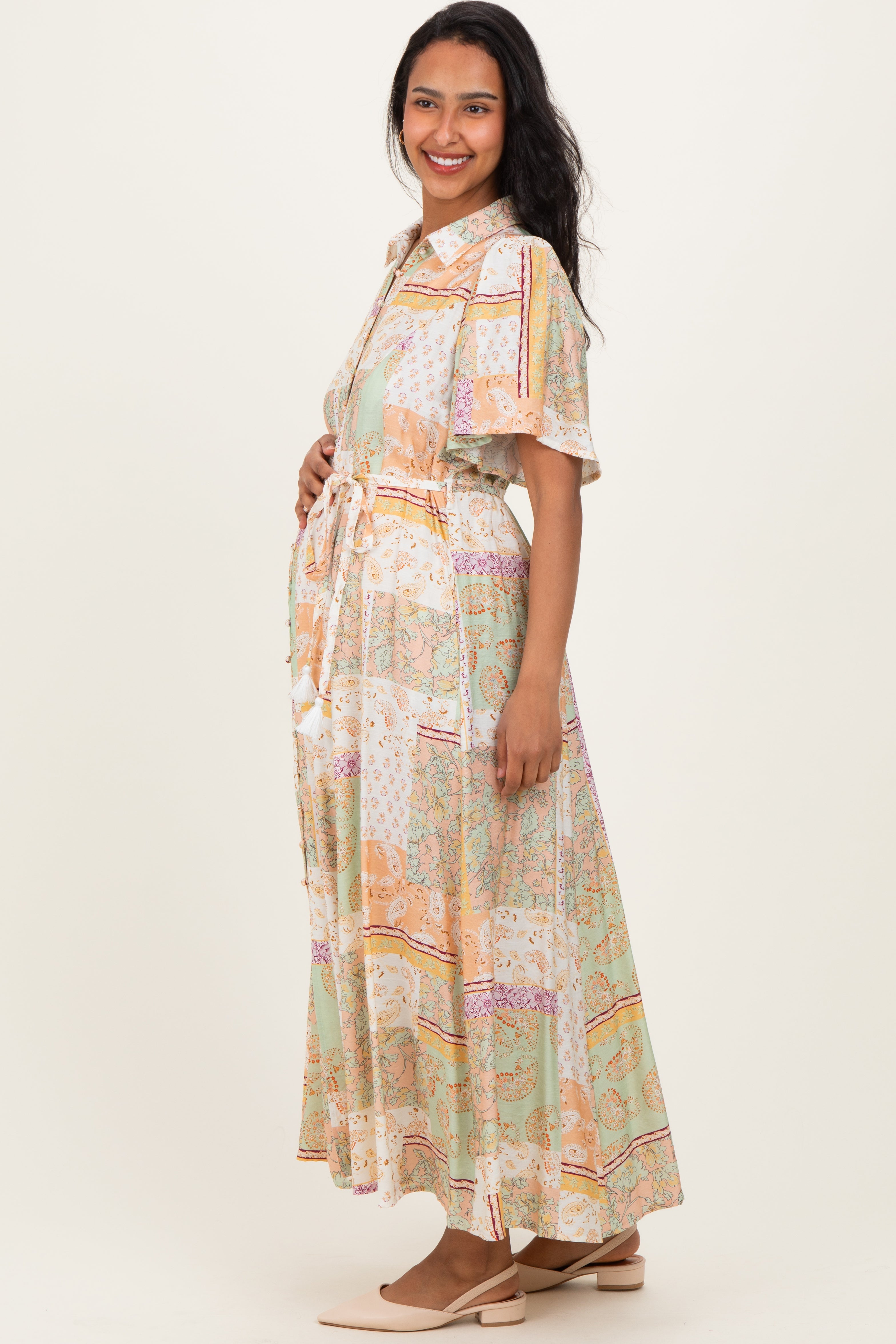 Umstandsmaxikleid mit Patchwork-Print und Knopfleiste in Multicolor
