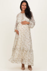 Umstandsmaxikleid aus Chiffon mit Blumenmuster und Rüschendetail in Creme