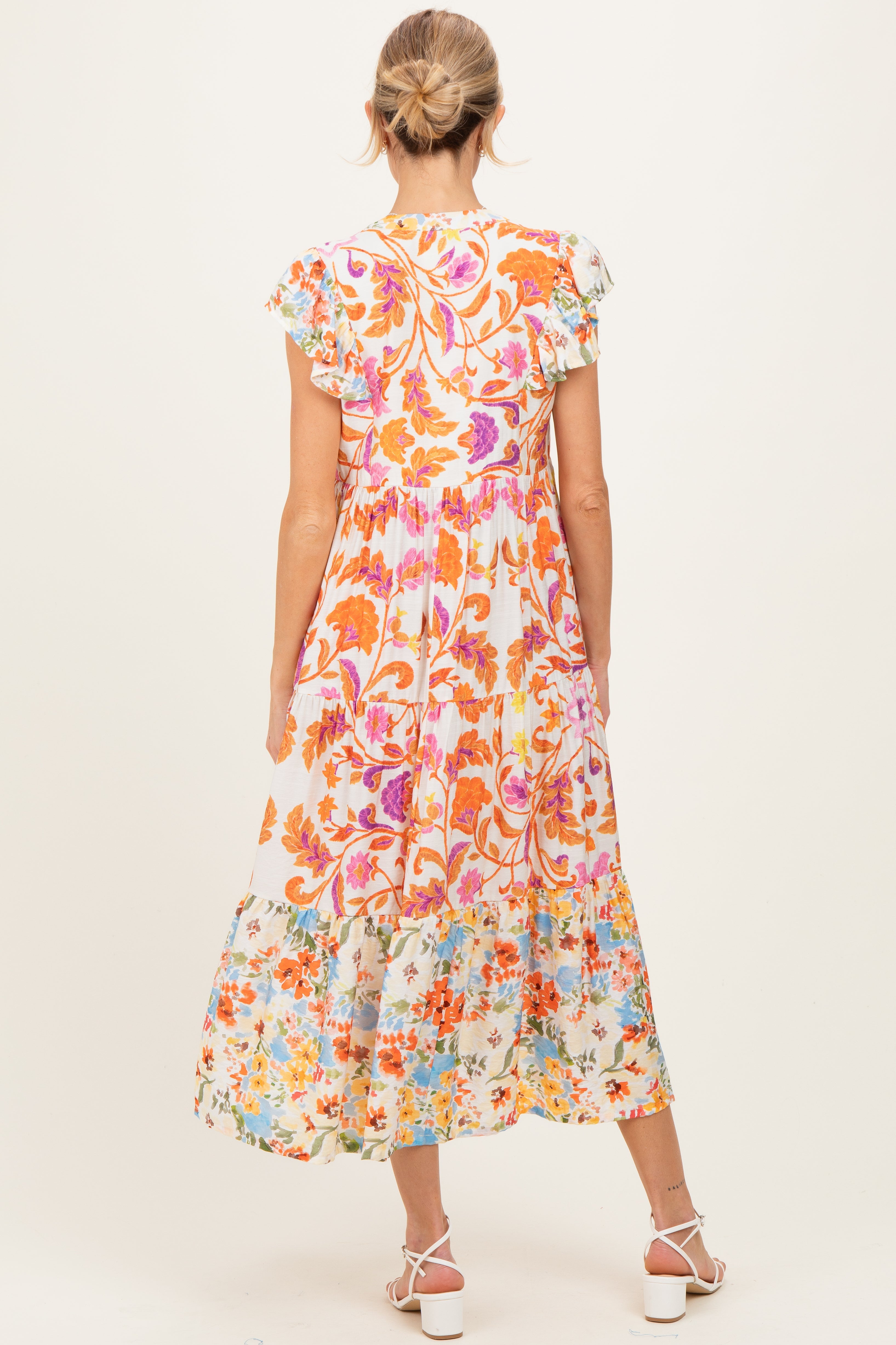 Umstandskleid mit Colorblock, Blumenmuster und Quasten-Bindeband in Orange