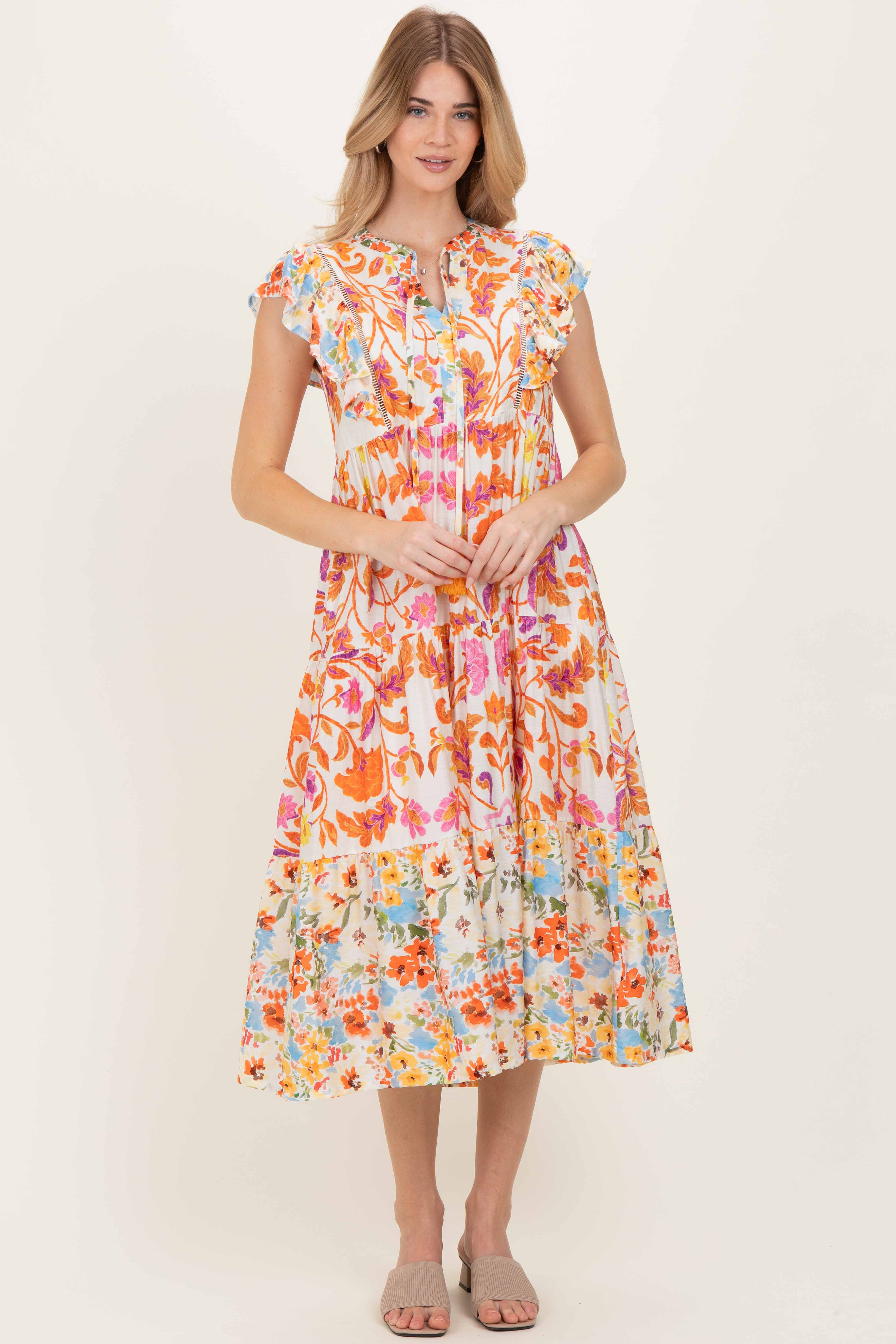 Umstandskleid mit Colorblock, Blumenmuster und Quasten-Bindeband in Orange