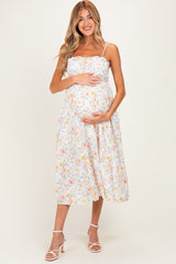 Blumen-Umstandsmidikleid mit Schulterbändern und Cut-out