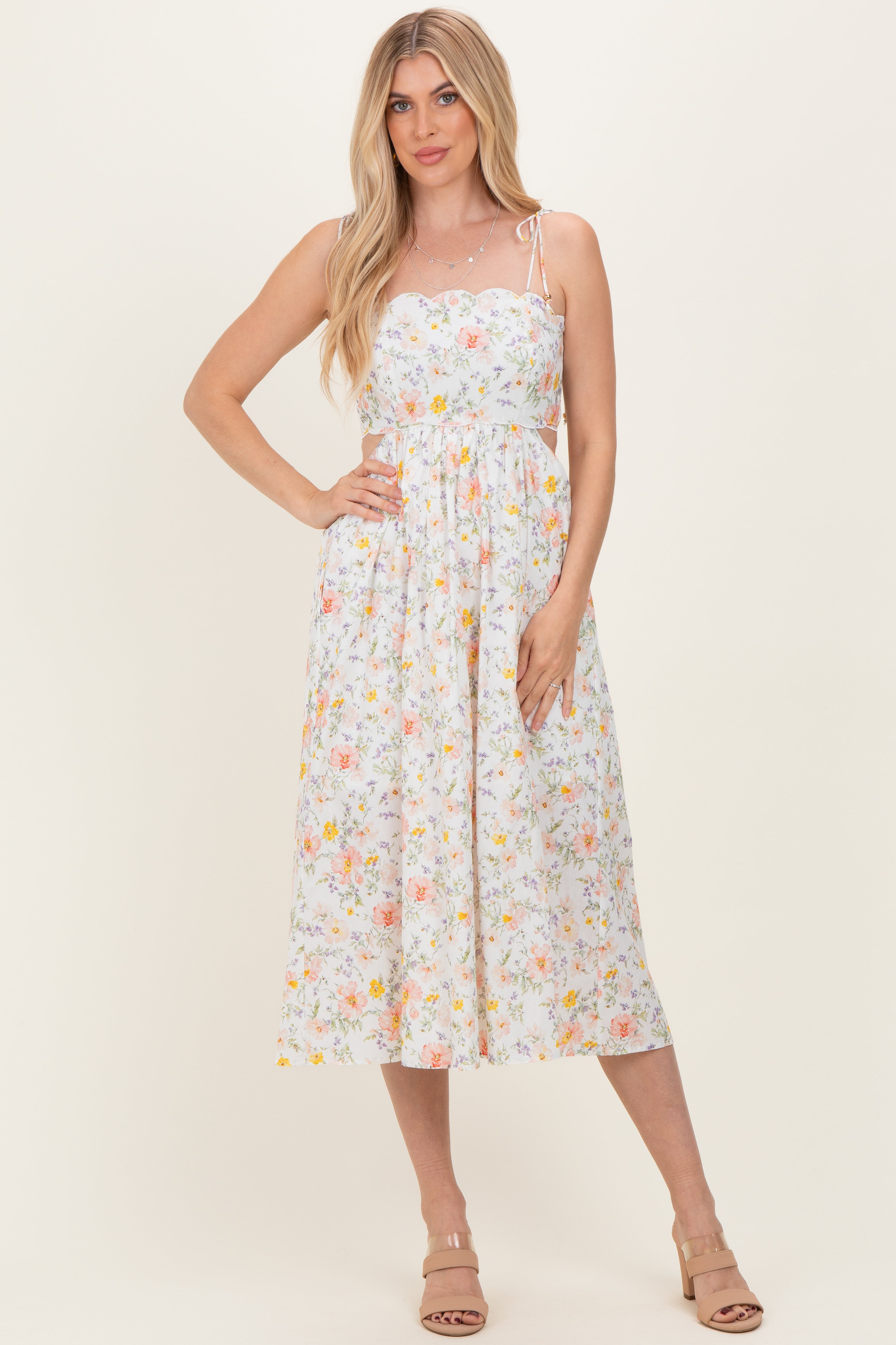 Blumen-Umstandsmidikleid mit Schulterbändern und Cut-out