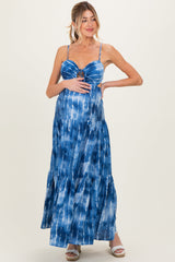 Umstands-Maxikleid in Batik-Optik mit Cut-out und Rückenbindung in Blau