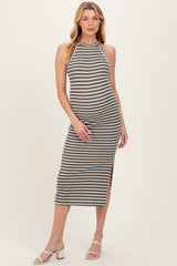 Gestreiftes Umstands-Midikleid in Oliv und Creme