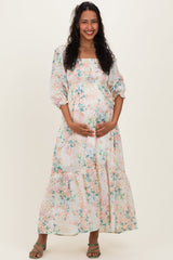 Umstandsmaxikleid in Elfenbein mit Blumenmuster, Smok-Detail und 3/4-Ärmeln