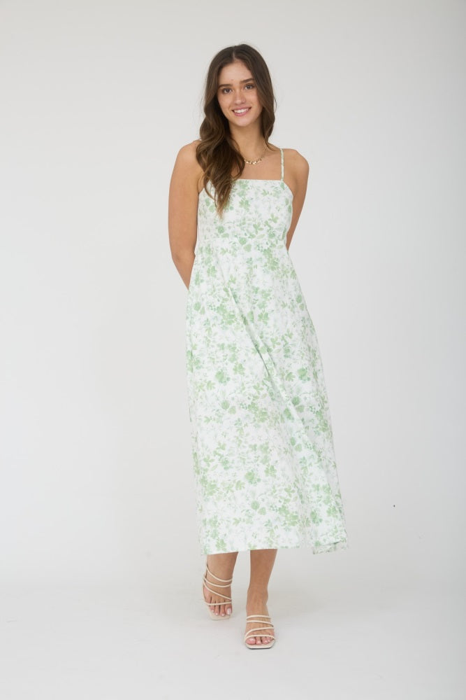 Hellgrünes ärmelloses Umstands-Midikleid mit Blumenmuster