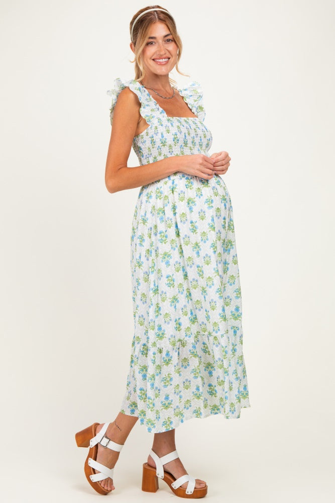 Ärmelloses Umstands-Midikleid mit Blumenmuster und Smok-Oberteil