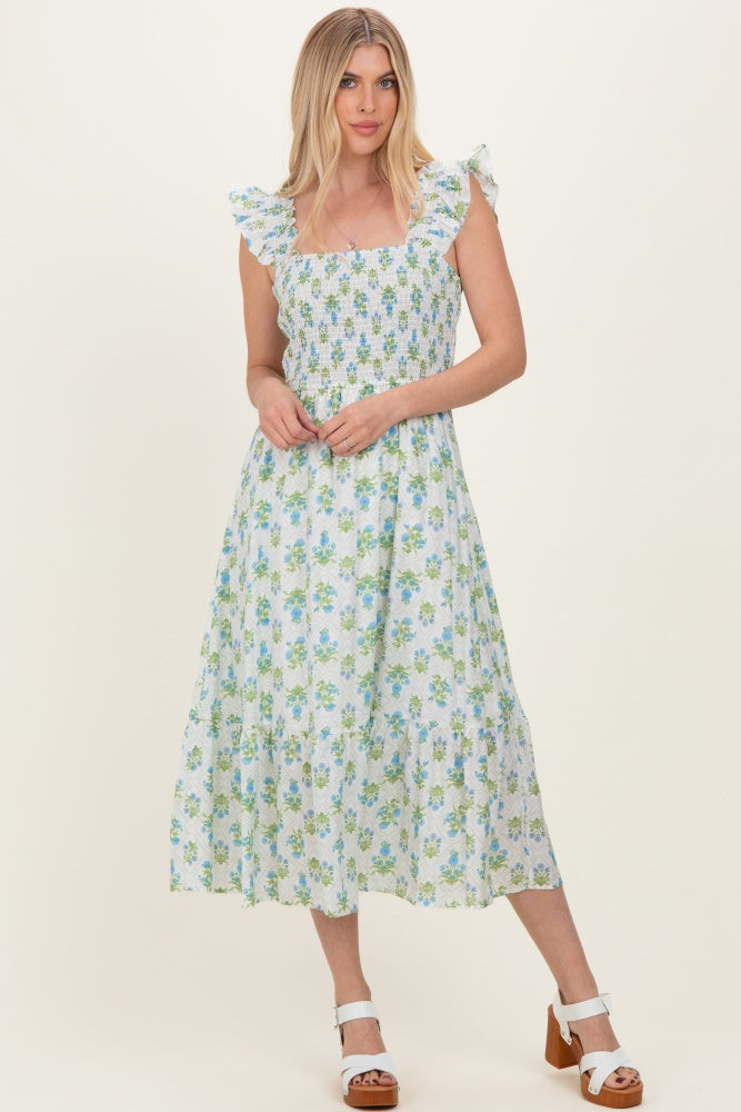 Ärmelloses Umstands-Midikleid mit Blumenmuster und Smok-Oberteil