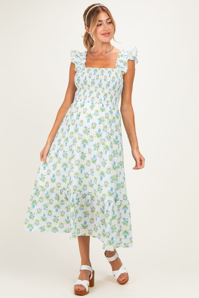 Ärmelloses Umstands-Midikleid mit Blumenmuster und Smok-Oberteil
