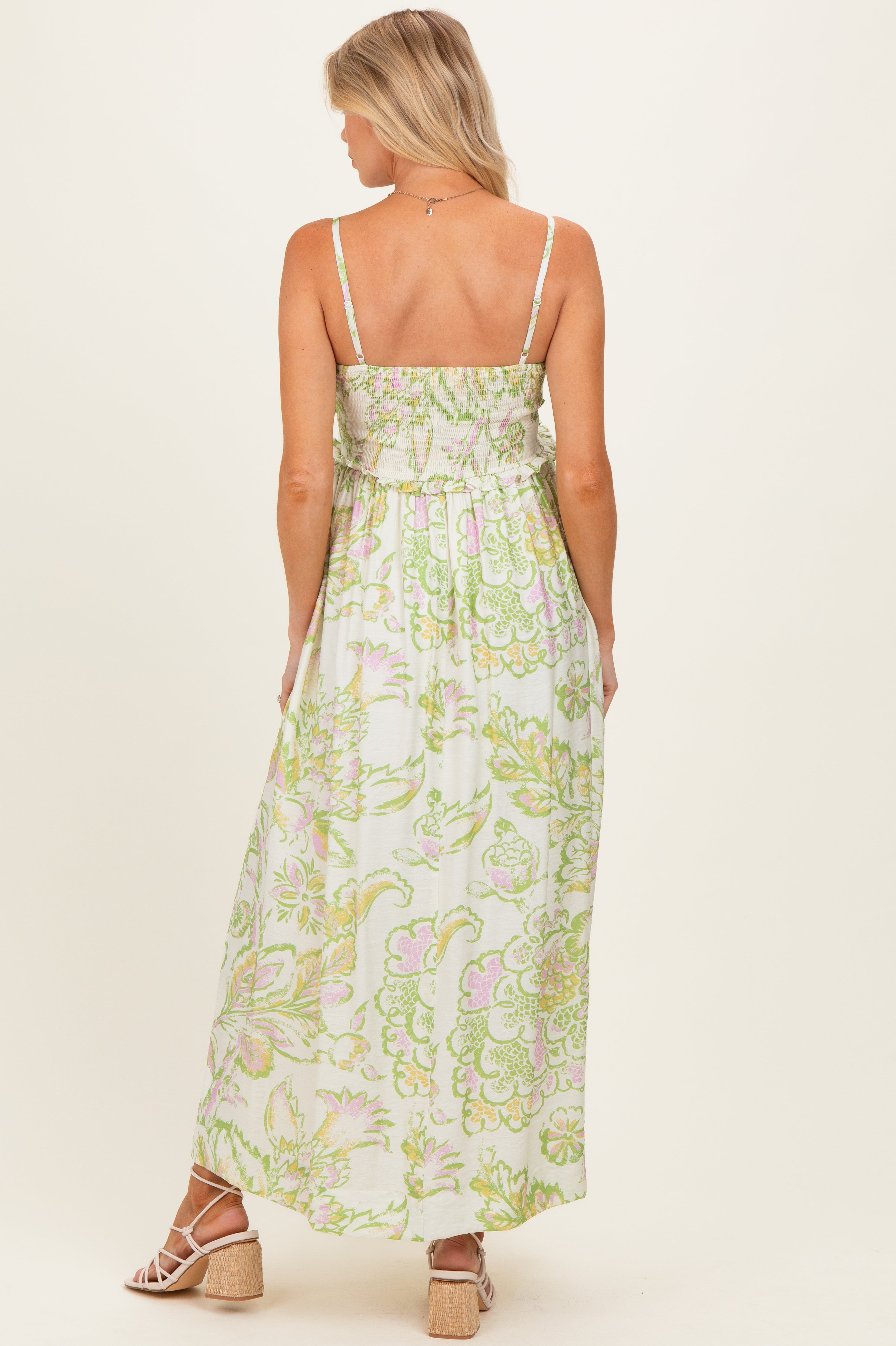 Elegantes florales Umstands-Maxikleid in Grün und Creme