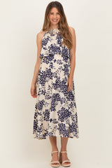 Florales Umstands-Midikleid mit Neckholder und Volant in Marineblau