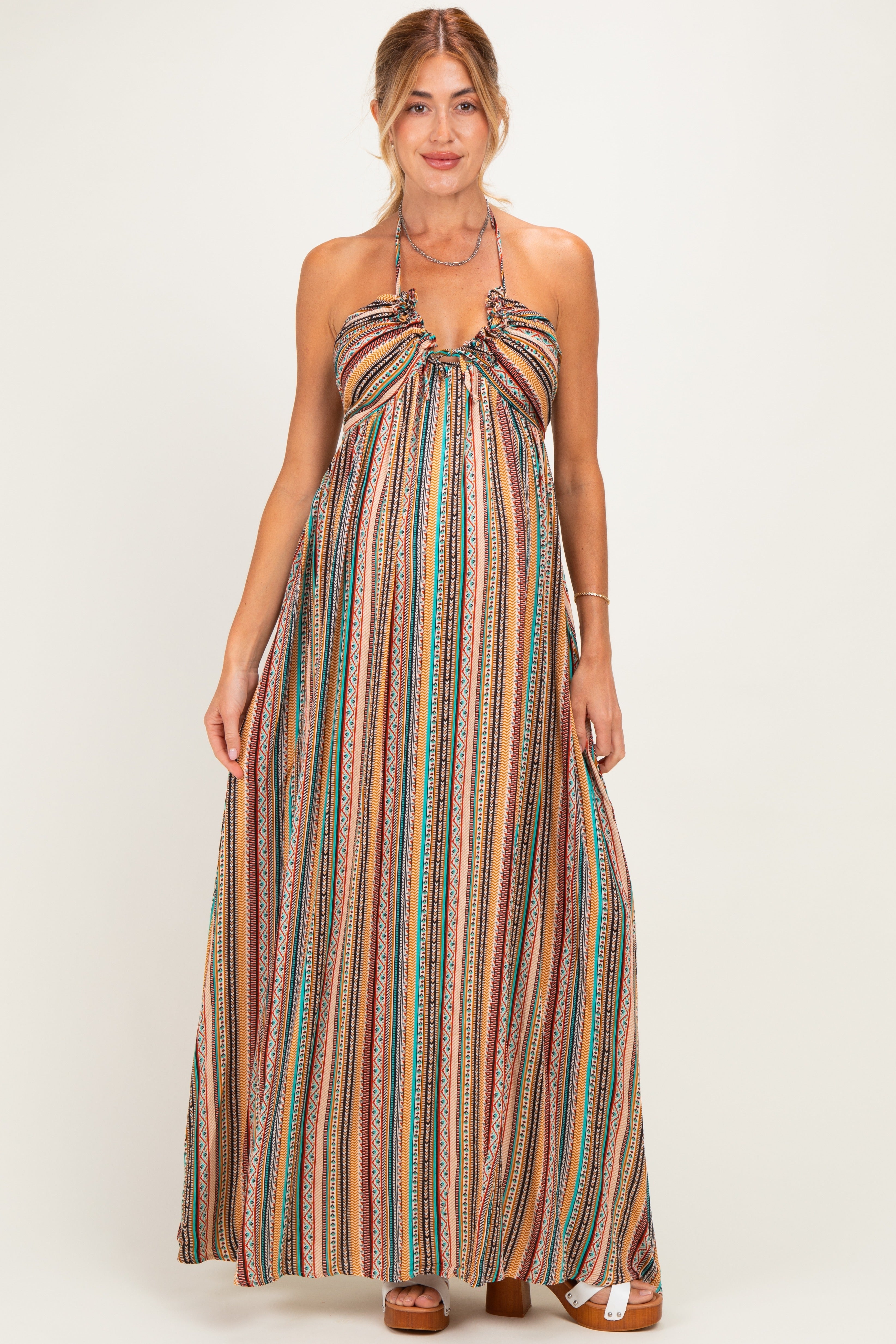 Bedrucktes Umstands-Maxikleid mit V-Ausschnitt und Neckholder