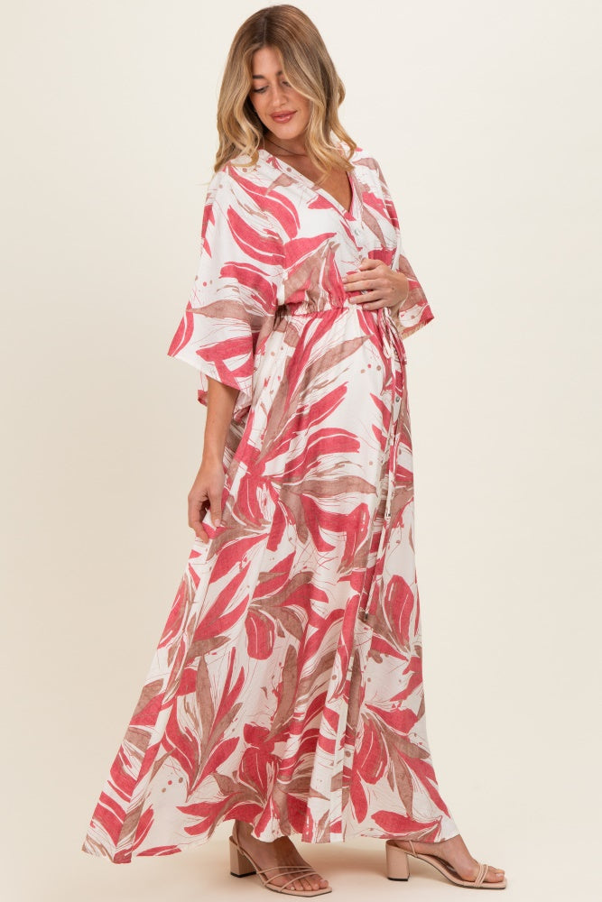 Umstands-Maxikleid mit Rosenprint, Knopfleiste und Taillenband