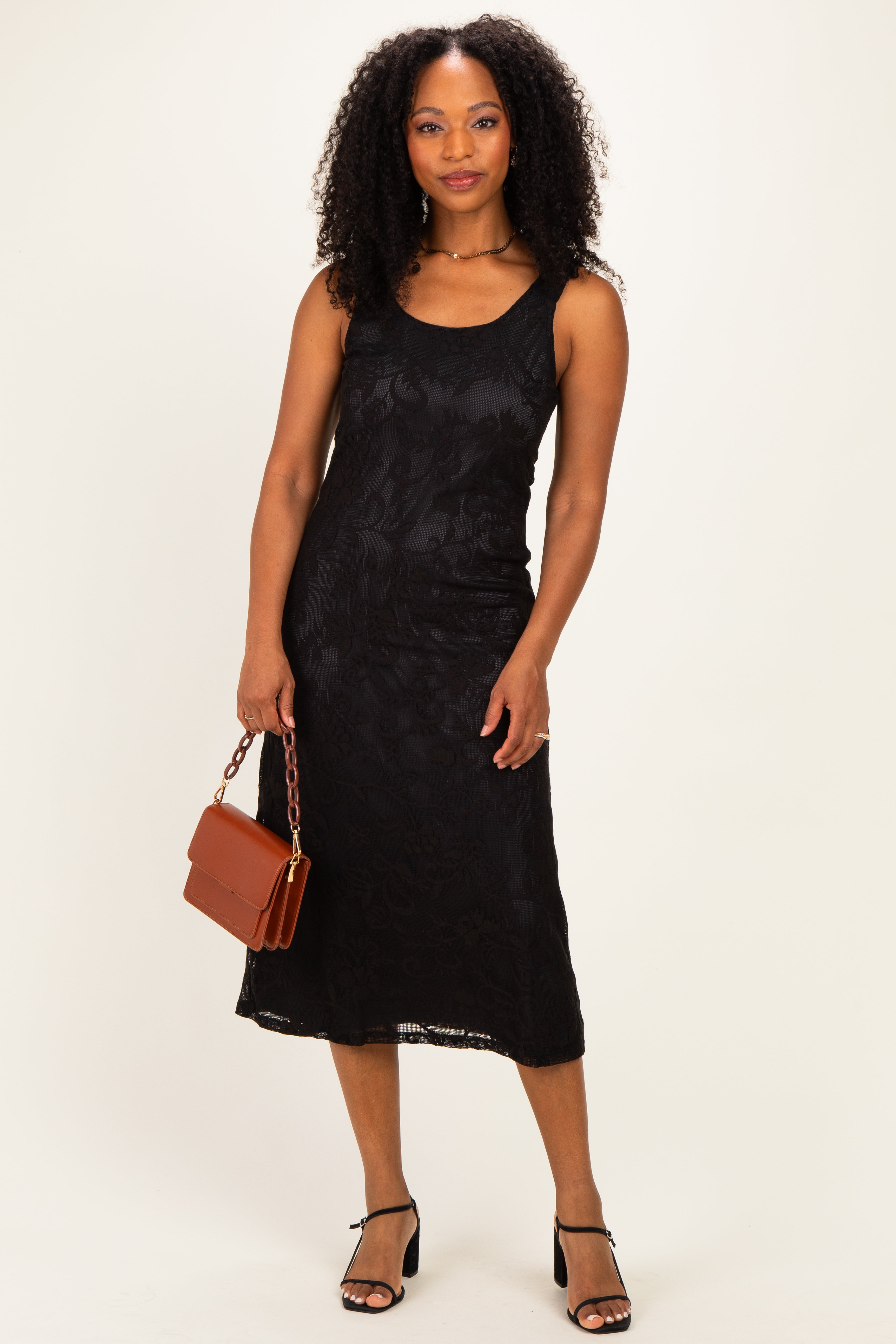 Schwarzes Umstands-Midikleid aus Mesh mit floralem Jacquard