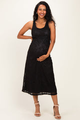 Schwarzes Umstands-Midikleid aus Mesh mit floralem Jacquard