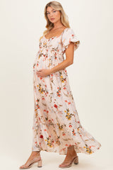 Florales Umstands-Maxikleid mit Puffärmeln in Creme