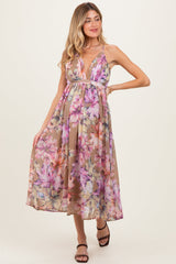 Umstands-Midikleid in Sandbraun mit Blumenmuster und Rückenausschnitt
