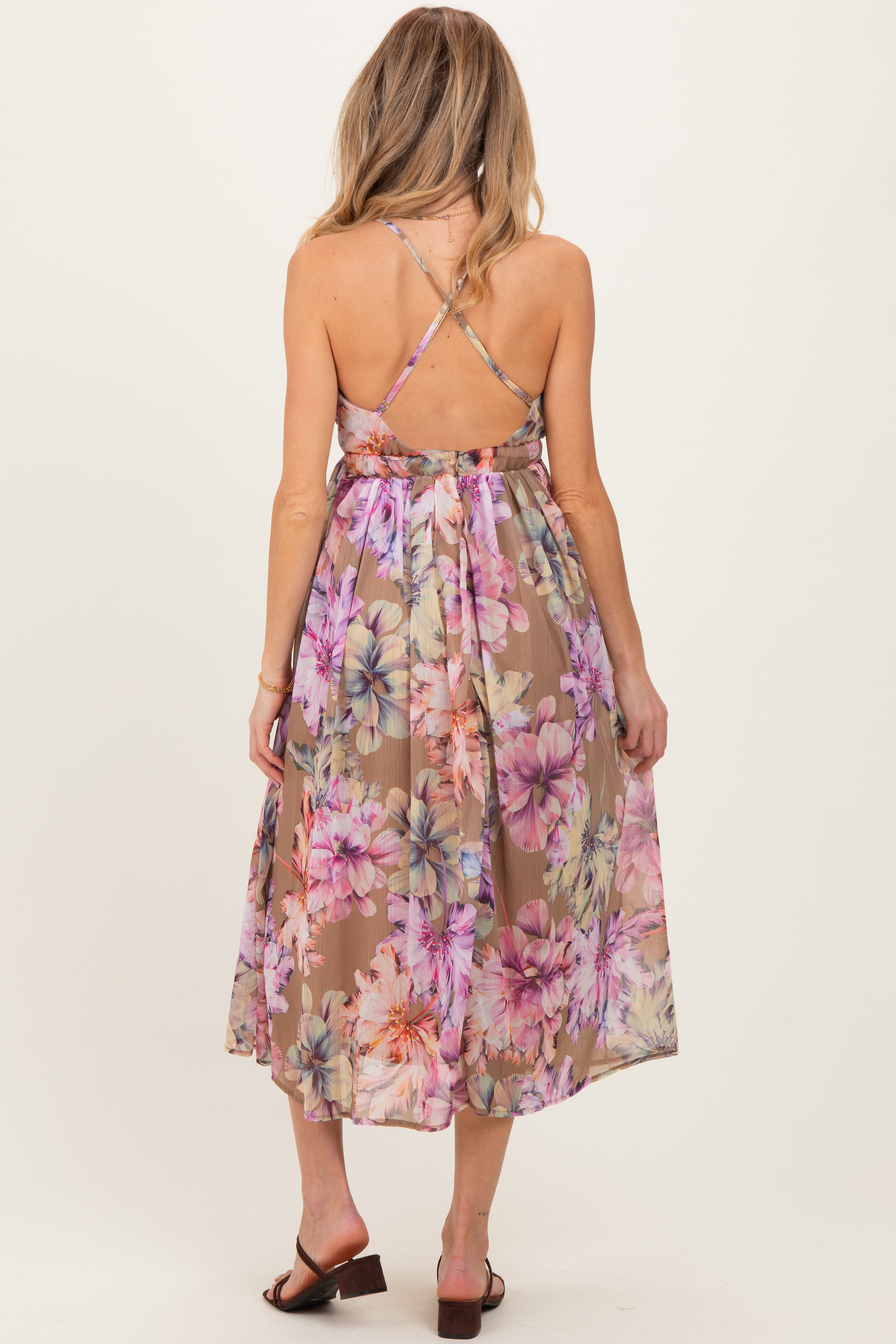 Umstands-Midikleid in Sandbraun mit Blumenmuster und Rückenausschnitt