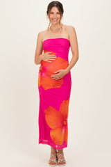 Florales, schulterfreies Umstandsmaxikleid in Fuchsia