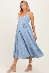 Vintage-Umstands-Midikleid mit Blumenmuster und Smok-Detail in Hellblau