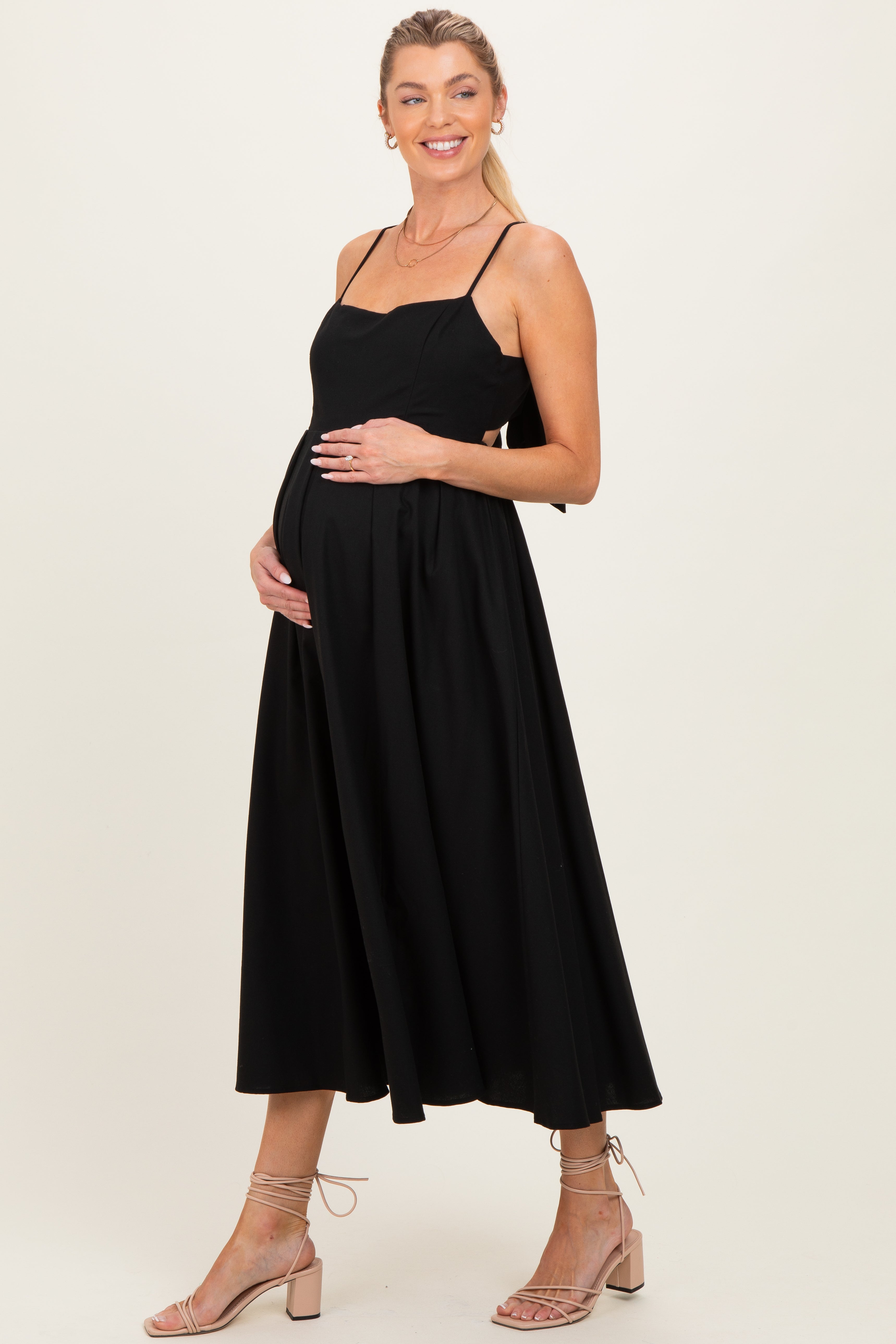 Ärmelloses ausgestelltes Umstands-Midikleid aus Leinen mit Rückenband