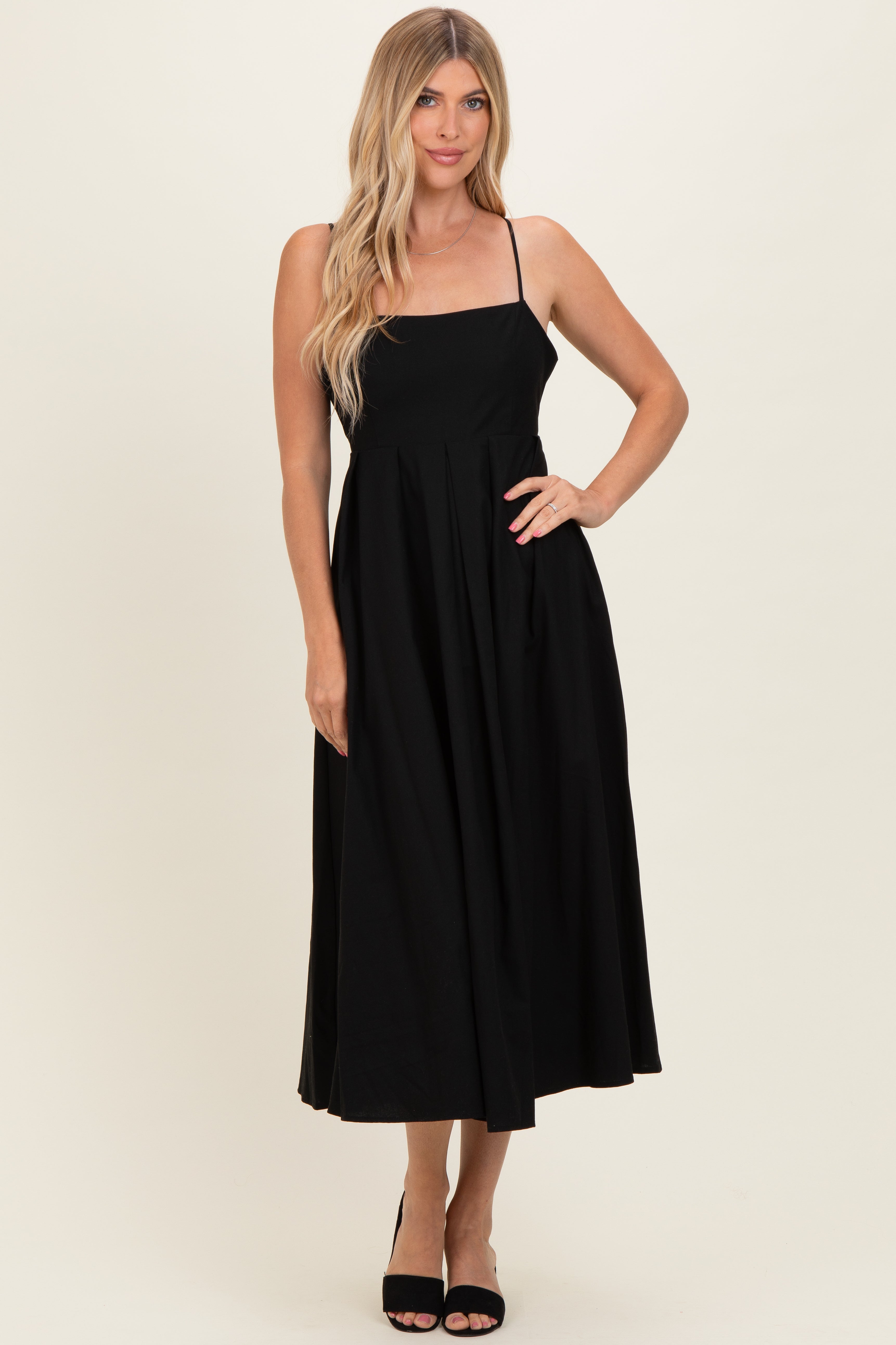 Ärmelloses ausgestelltes Umstands-Midikleid aus Leinen mit Rückenband