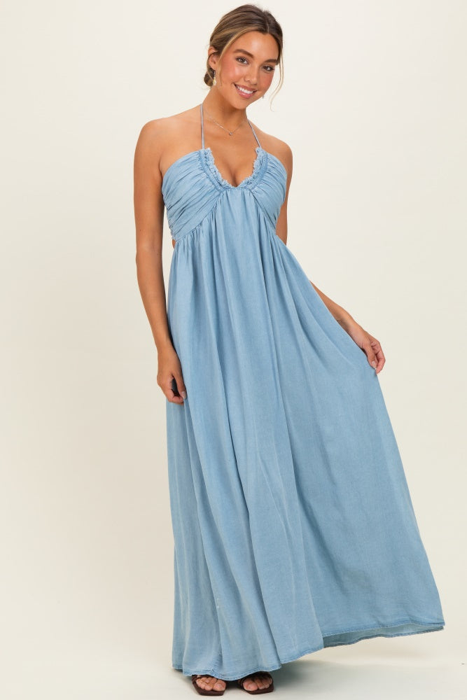 Plissiertes Umstands-Maxikleid mit V-Ausschnitt in Hellblau
