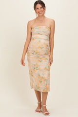 Gelbes schulterfreies Umstands-Midikleid aus Mesh mit Blumenmuster und Raffung