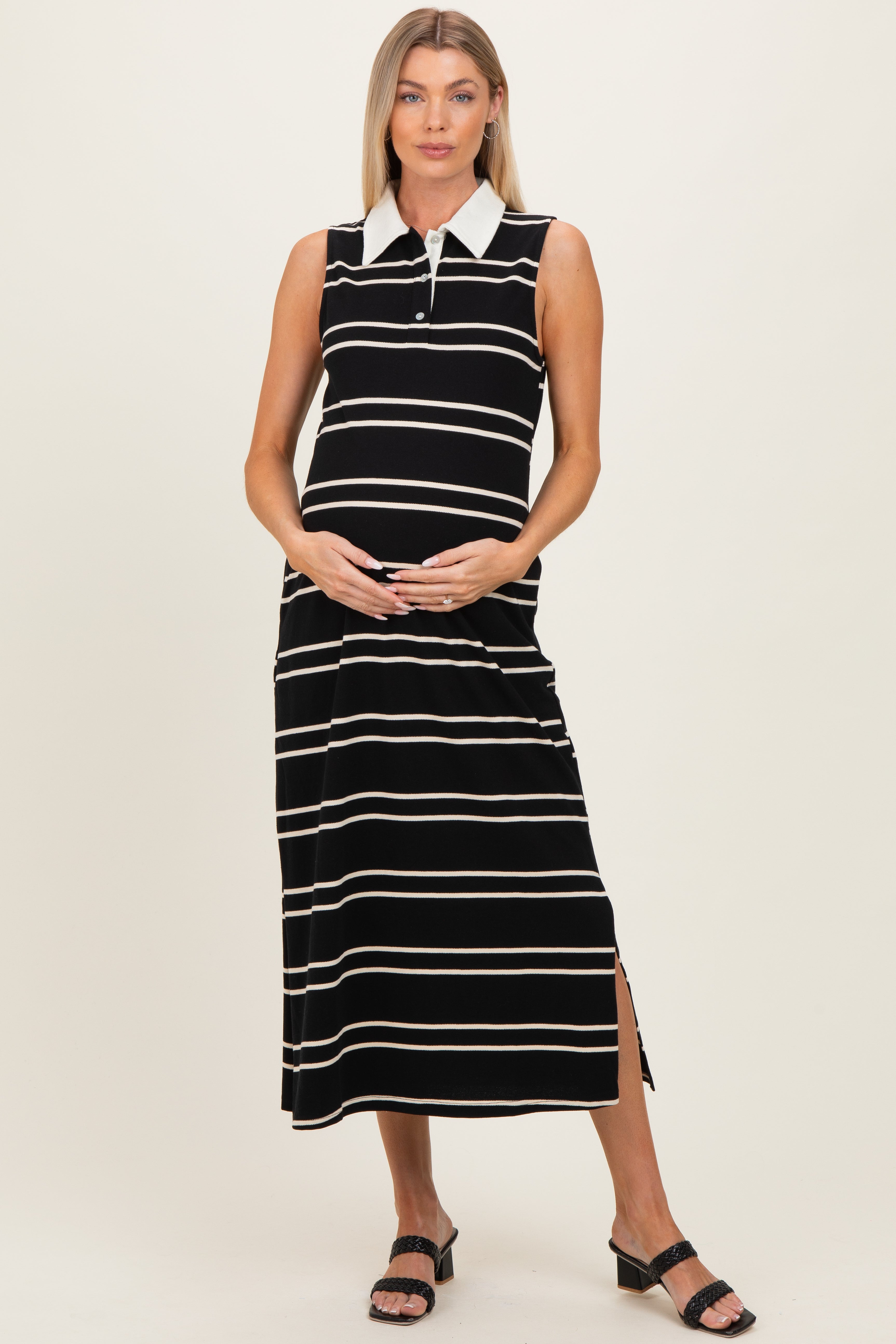 Ärmelloses Umstands-Midikleid mit Streifen und Kragen