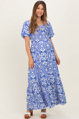 Gesmoktes Umstandsmaxikleid mit Print und Puffärmeln in Königsblau