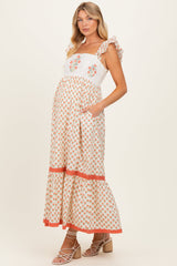 Florales besticktes Umstands-Maxikleid in Koralle