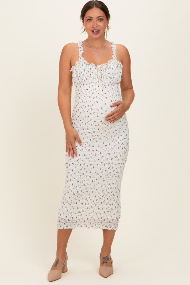 Elfenbeinfarbenes Umstands-Midikleid mit Blumenmuster und Volantträgern