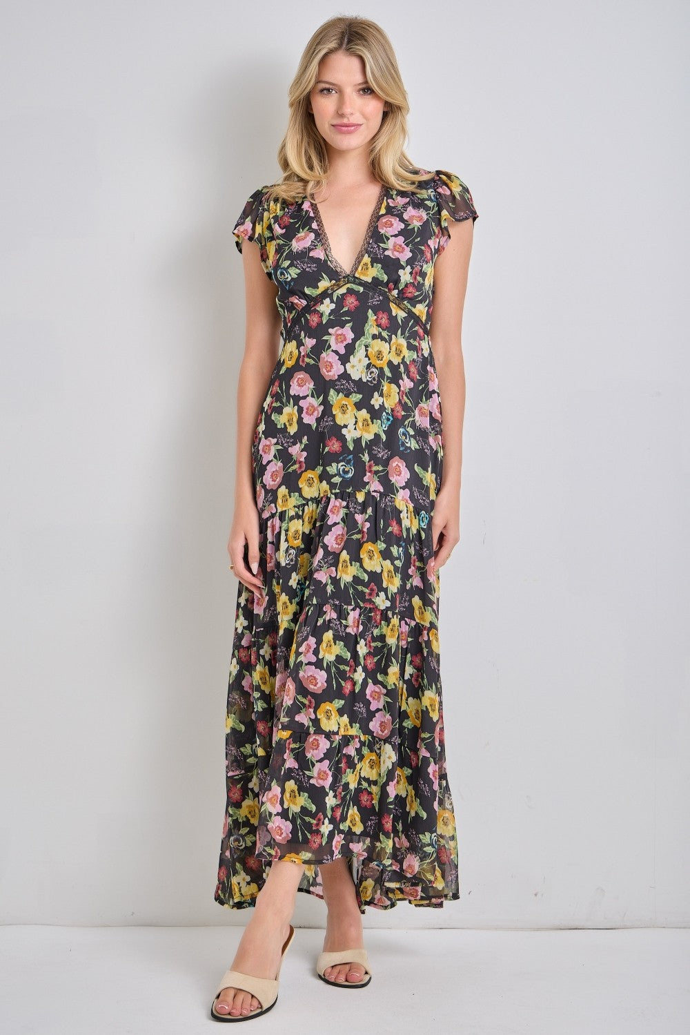 Umstands-Midikleid aus Chiffon mit Blumenmuster und V-Ausschnitt