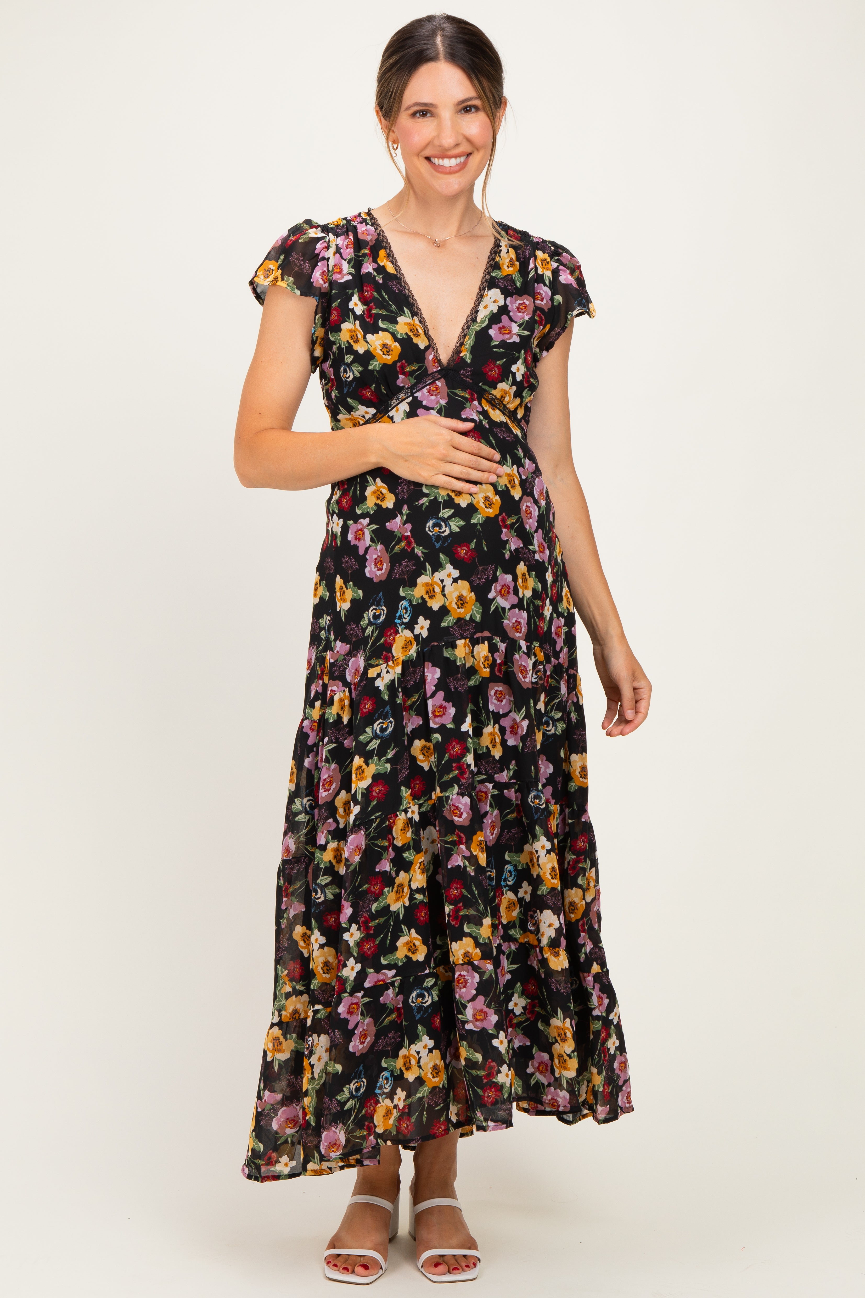 Umstands-Midikleid aus Chiffon mit Blumenmuster und V-Ausschnitt