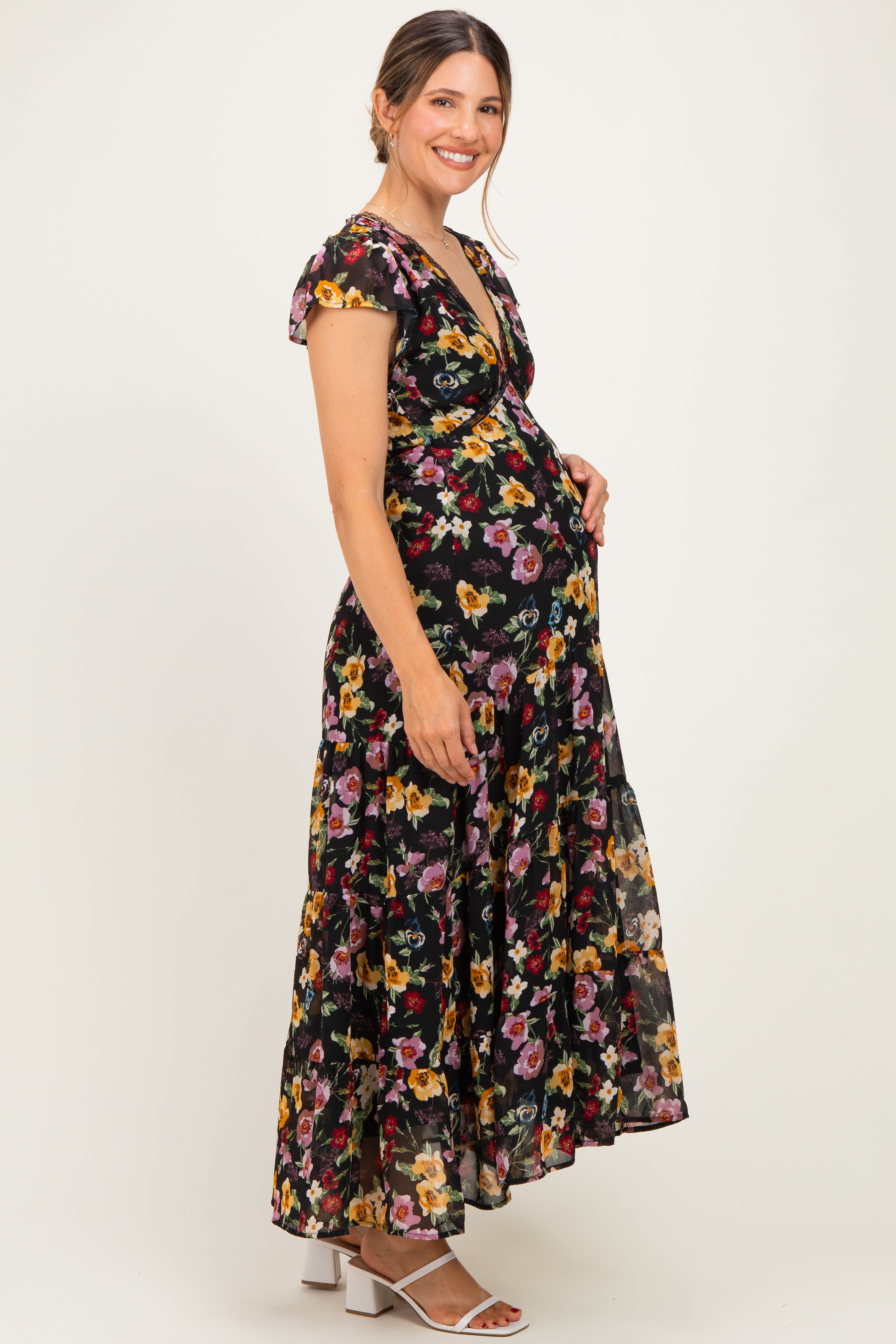 Umstands-Midikleid aus Chiffon mit Blumenmuster und V-Ausschnitt