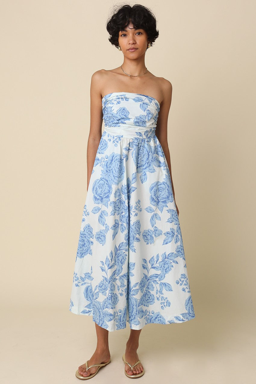 Trägerloses Umstands-Maxikleid mit blauem Blütenprint