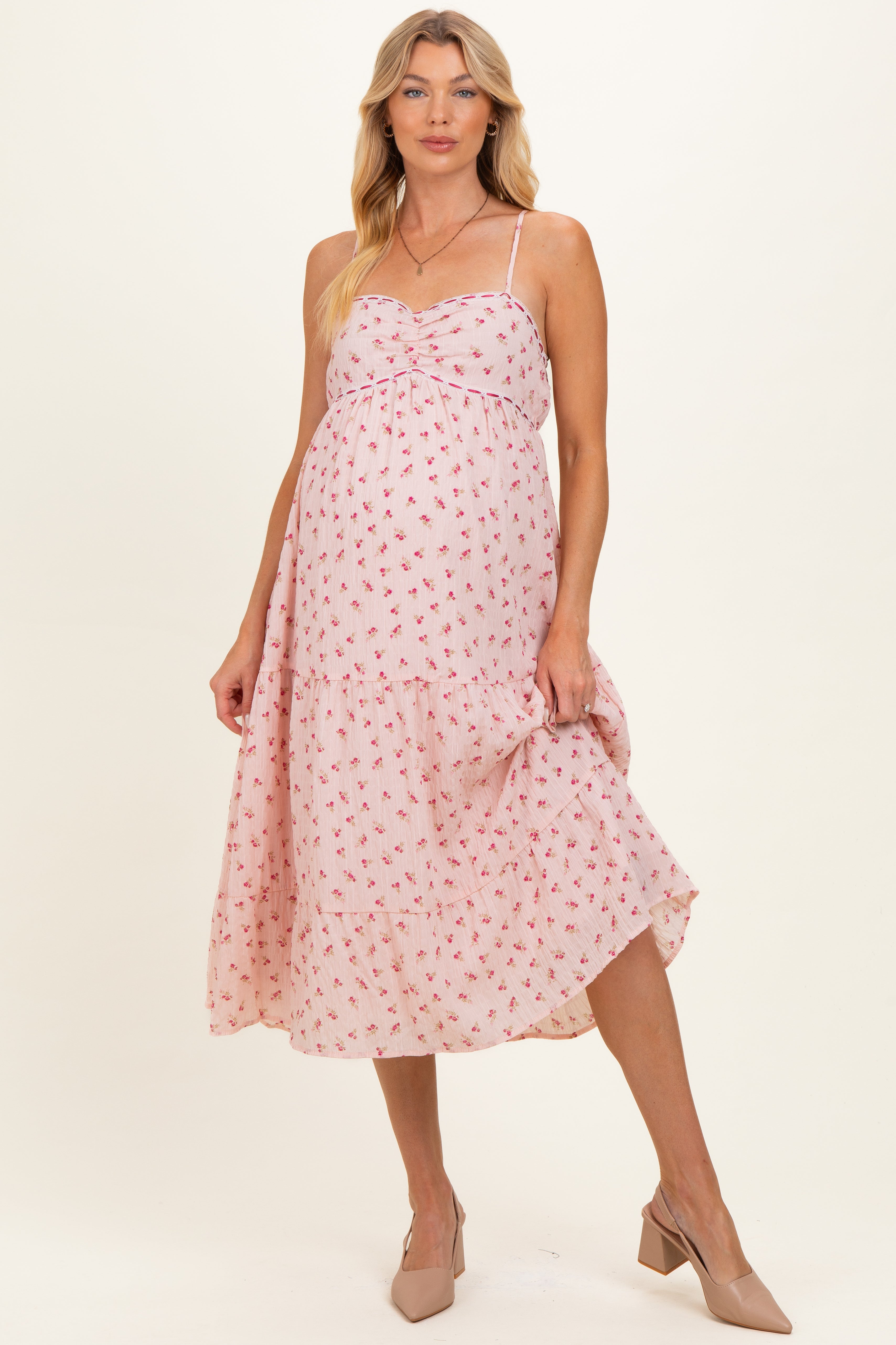 Umstands-Midikleid mit Blumenmuster und Bänderdetail