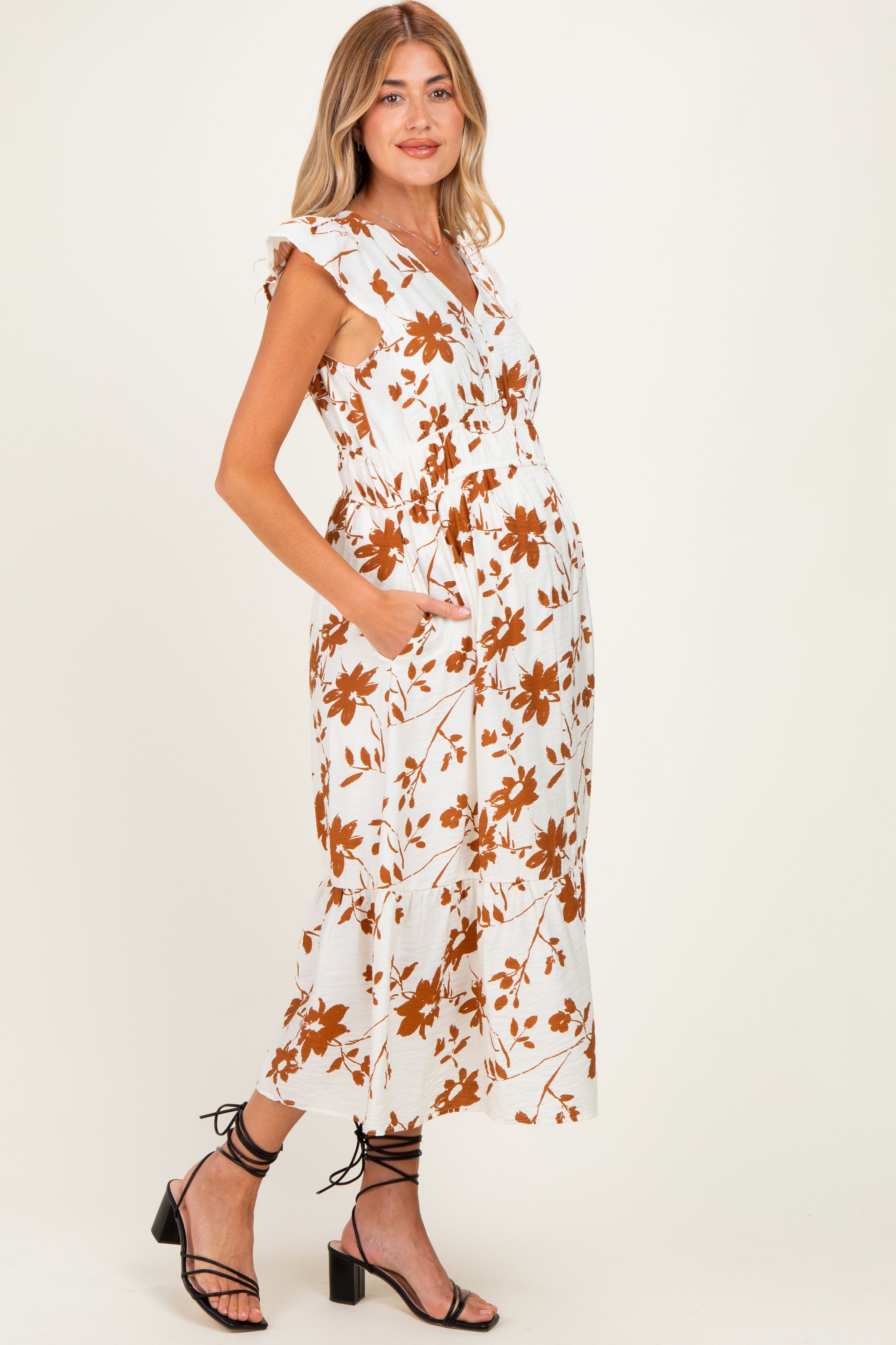 Umstands-Midikleid mit Blumenmuster und Knopfleiste