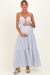 Weißes gestreiftes Umstands-Maxikleid mit Cut-out und Rückenschnürung