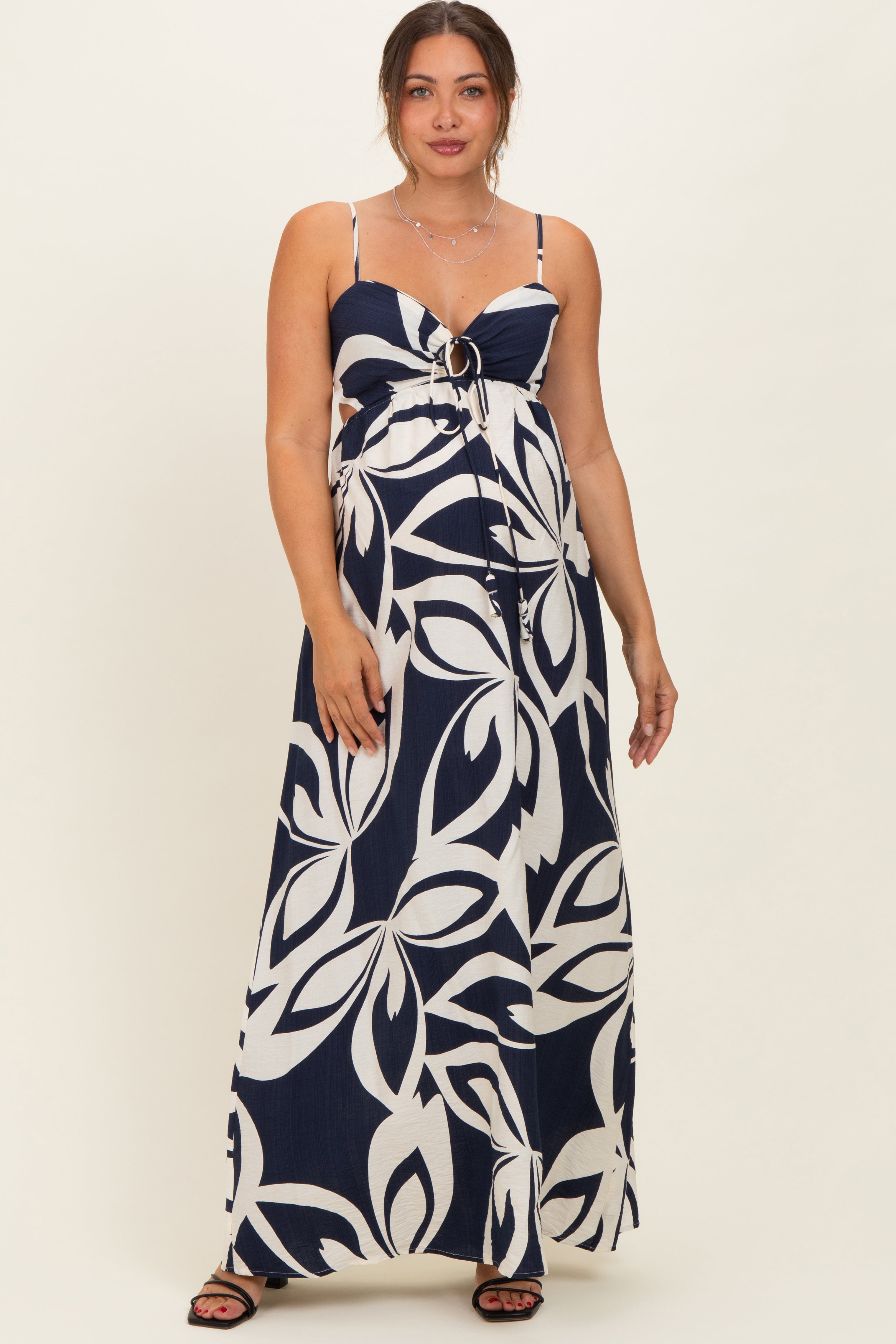 Marineblaues Umstands-Maxikleid mit Blumenmuster, Cut-out und Neckholder