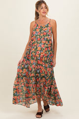 Schwarzes Umstands-Maxikleid mit Blumenprint, V-Ausschnitt und Stufenrock