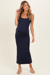 Marineblaues Umstands-Maxikleid mit tiefem Rücken und eckigem Ausschnitt