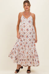 Naturfarbenes gestuftes Umstands-Maxikleid mit Blumenmuster und Knopfleiste