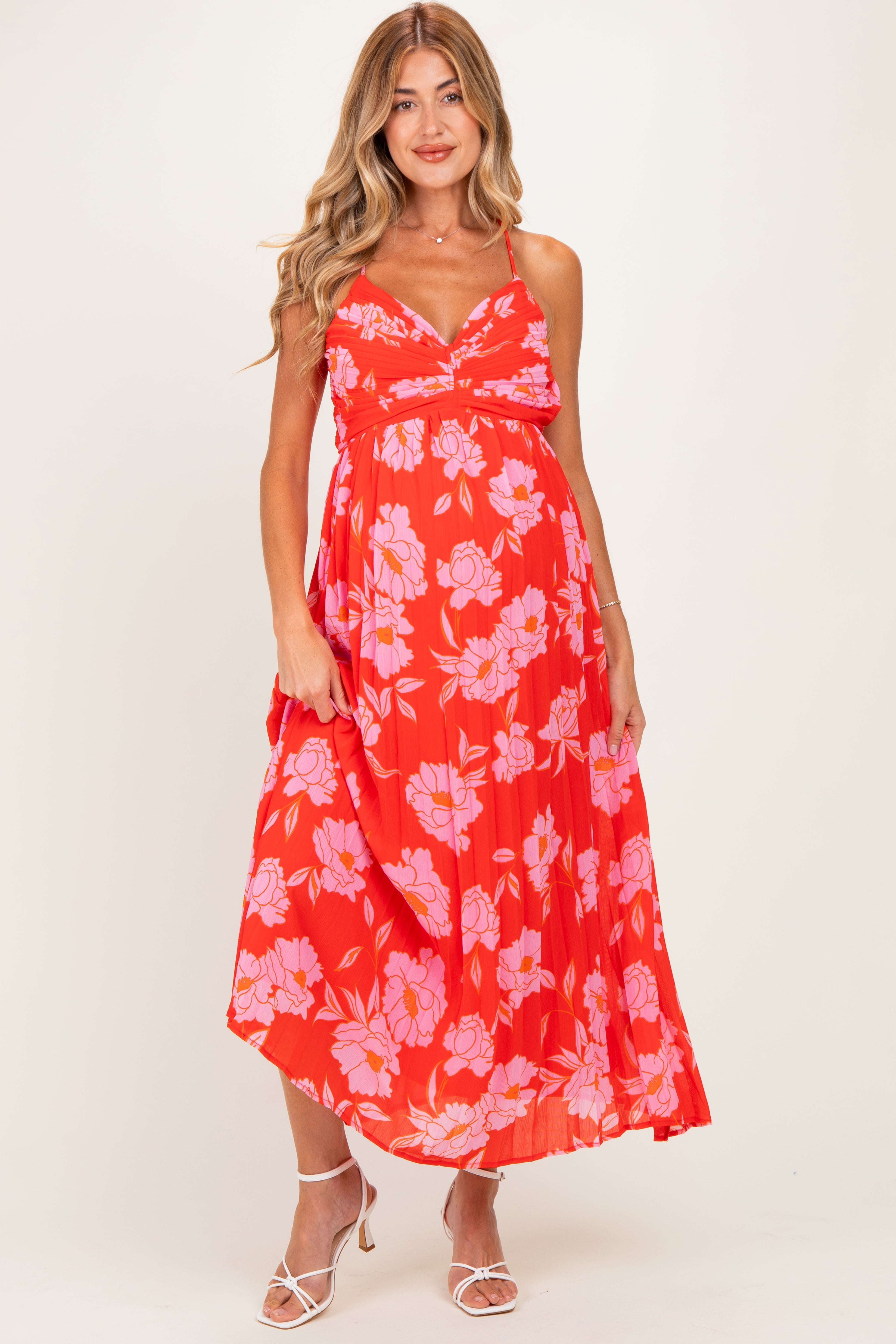 Umstands-Midikleid mit Blumenmuster, Plisseefalten und Cut-out-Rücken in Rot