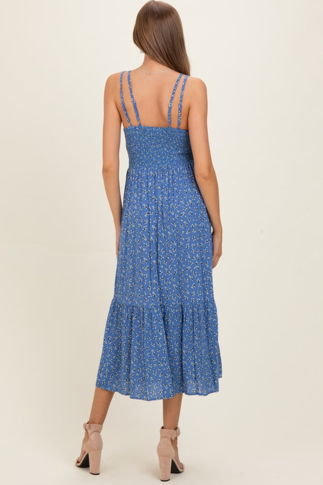 Blaues geblümtes Umstands-Maxikleid mit Spitzendetail und Trägern