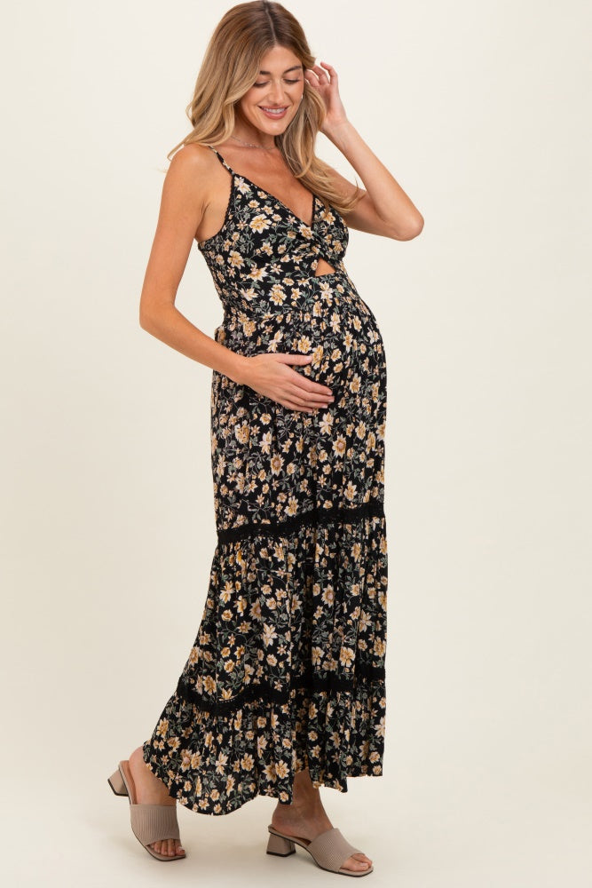 Schwarzes Umstands-Maxikleid mit Blumenmuster, Twist-Detail und Spitze