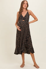 Schwarzes Umstands-Midikleid mit V-Ausschnitt, Twist-Detail, Cut-out, seitlichem Schlitz und Rüschen