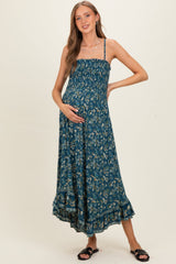 Petrolfarbenes bedrucktes Umstands-Sommerkleid mit Bindekragen