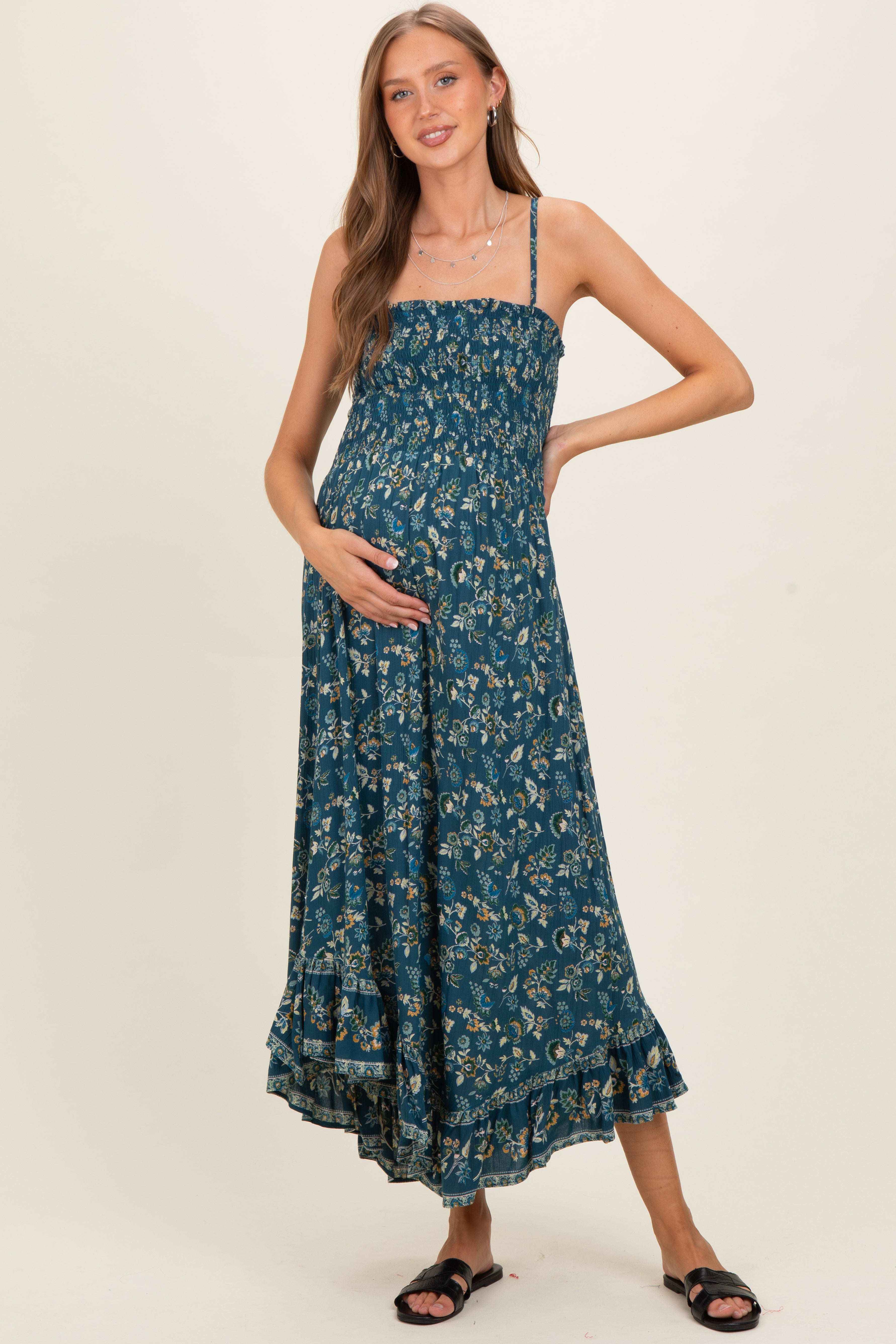 Petrolfarbenes bedrucktes Umstands-Sommerkleid mit Bindekragen